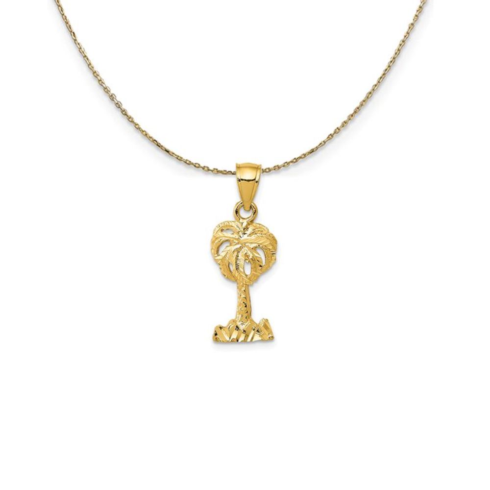 14k Yellow Gold Small Diamond-Cut Palm Tree (25mm) Necklace - 16 Inch